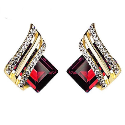 Blue 18K Gold Plated Geometric Stud Earrings with Crystal Rhinestone Princess Cut Trendy Wedding Fashion Jewelry for Women