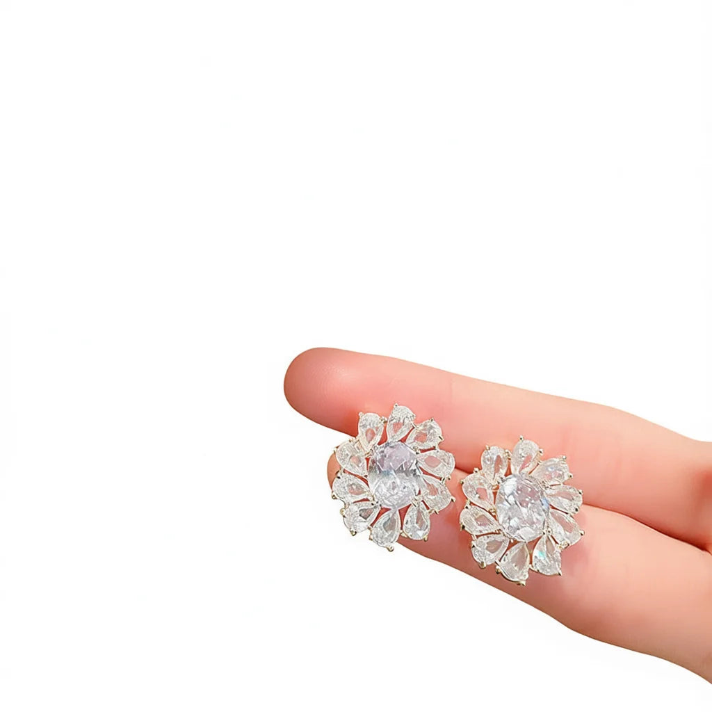 White Gold Flower Stud Earrings Crystal Rhinestone Claw Setting Romantic Wedding Jewelry For Women