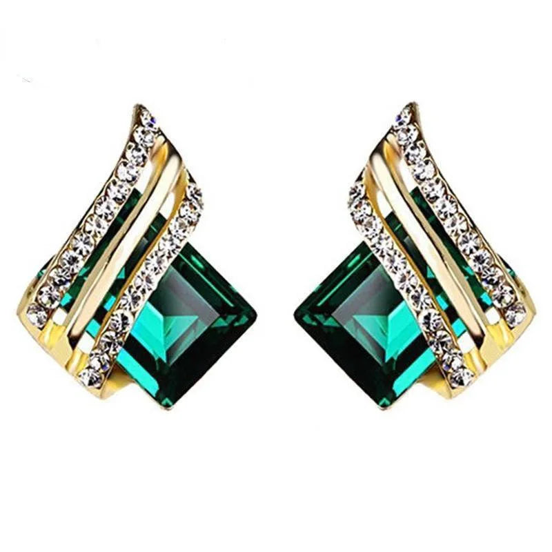 Blue 18K Gold Plated Geometric Stud Earrings with Crystal Rhinestone Princess Cut Trendy Wedding Fashion Jewelry for Women