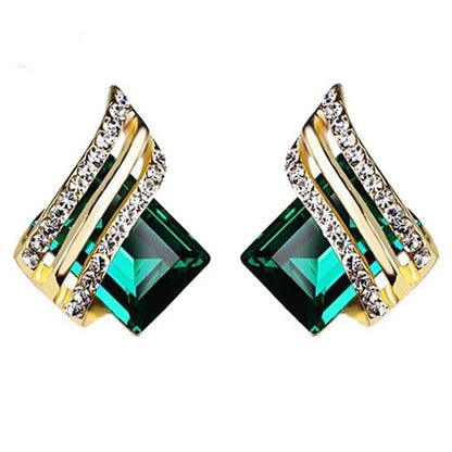 Blue 18K Gold Plated Geometric Stud Earrings with Crystal Rhinestone Princess Cut Trendy Wedding Fashion Jewelry for Women