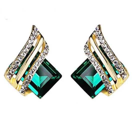 Blue 18K Gold Plated Geometric Stud Earrings with Crystal Rhinestone Princess Cut Trendy Wedding Fashion Jewelry for Women