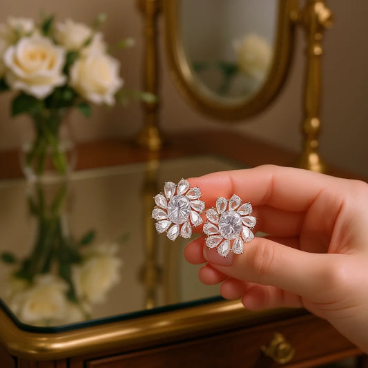 White Gold Flower Stud Earrings Crystal Rhinestone Claw Setting Romantic Wedding Jewelry For Women