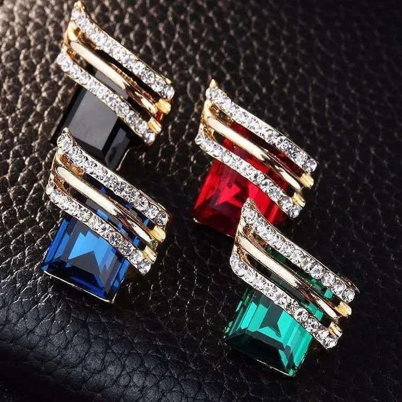 Blue 18K Gold Plated Geometric Stud Earrings with Crystal Rhinestone Princess Cut Trendy Wedding Fashion Jewelry for Women