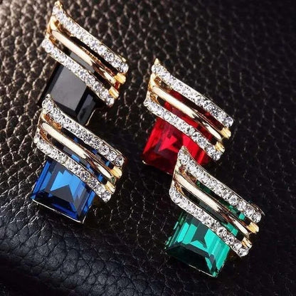 Blue 18K Gold Plated Geometric Stud Earrings with Crystal Rhinestone Princess Cut Trendy Wedding Fashion Jewelry for Women