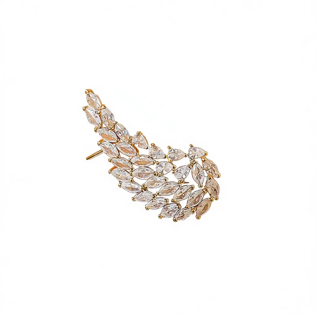Golden Leaf Cuff Earrings With Marquise Crystal Rhinestones For Women Party Romantic Style Fashion Jewelry Gold Plated Alloy