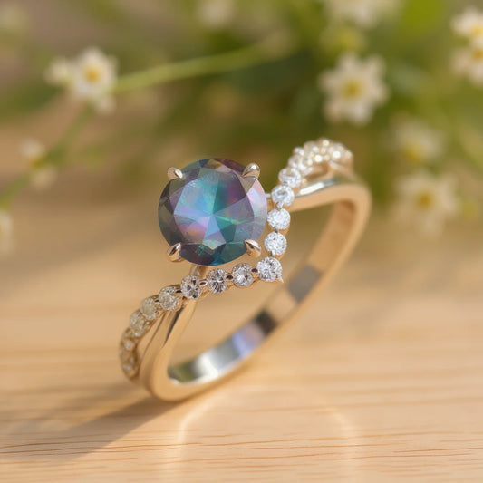 Colorful Stainless Steel Cubic Zirconia Engagement Ring for Women Lab Created Round Stone Prong Setting Diamond Accents H317
