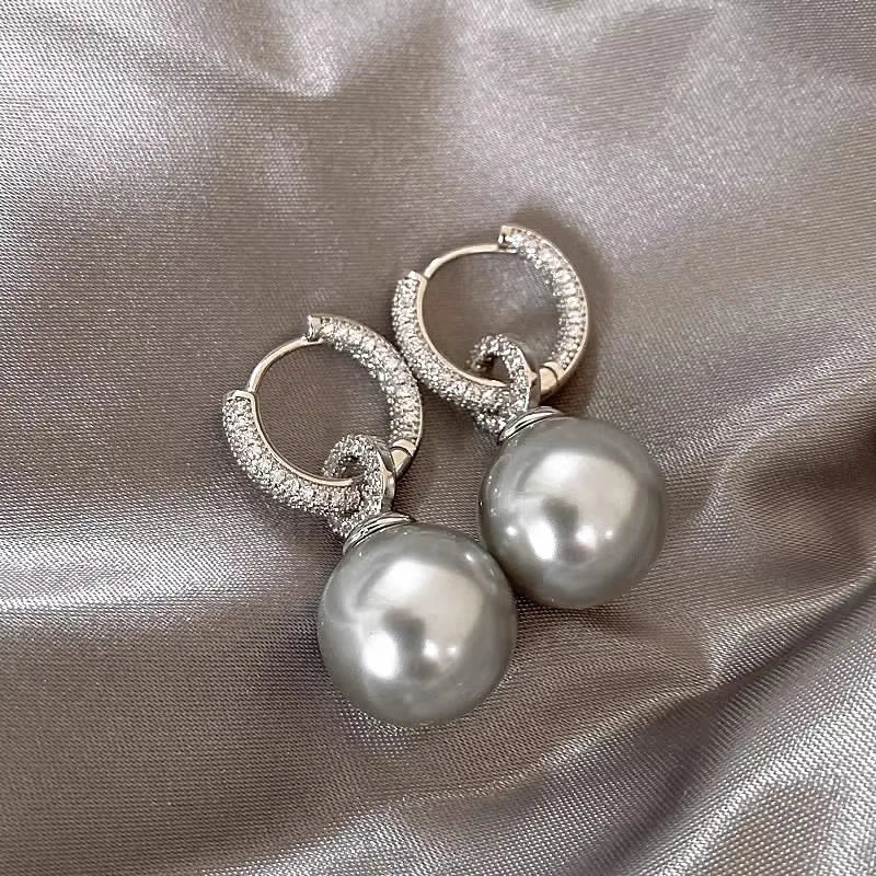Fiorals AAA Grade White Tahitian Pearl Dangle Earrings 925 Silver Rhodium Plated Pav Setting Ball Fashion Women Wedding Jewelry