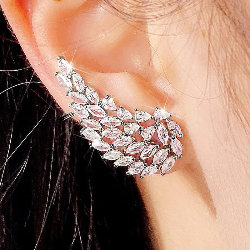 Golden Leaf Cuff Earrings With Marquise Crystal Rhinestones For Women Party Romantic Style Fashion Jewelry Gold Plated Alloy