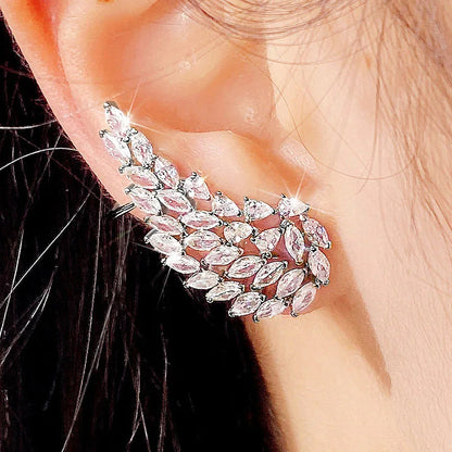 Golden Leaf Cuff Earrings With Marquise Crystal Rhinestones For Women Party Romantic Style Fashion Jewelry Gold Plated Alloy