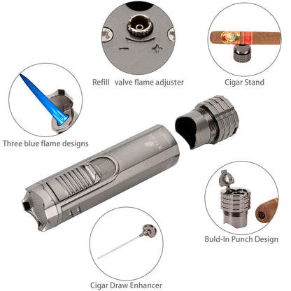 XIFEI Windproof Cigar Lighter With Puncher Holder Needle Metal Portable 3 Jet Flame Multifunction Refillable Smoking Accessories