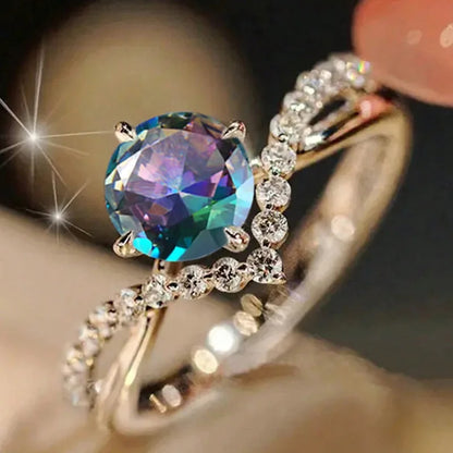 Colorful Stainless Steel Cubic Zirconia Engagement Ring for Women Lab Created Round Stone Prong Setting Diamond Accents H317