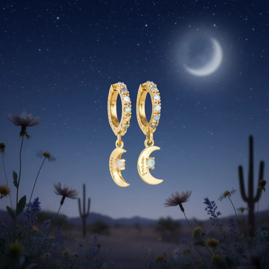 Lucky Charm Gold Plated Hoop Earrings With Opal Moon Pendant For Women Everyday Wear Cute Style