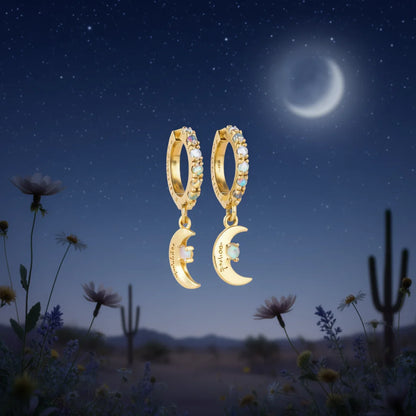 Lucky Charm Gold Plated Hoop Earrings With Opal Moon Pendant For Women Everyday Wear Cute Style