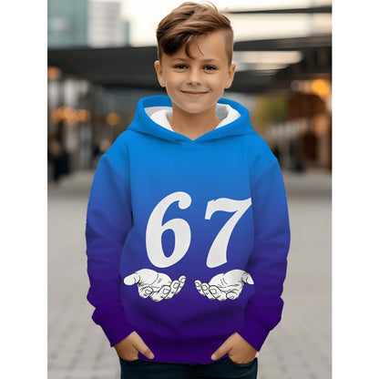 Children's Clothing Boys' Funny Number "67" Creative Print Hooded Sweatshirt Boys' Casual Sports Long Sleeve Hoodie Jacket Tops