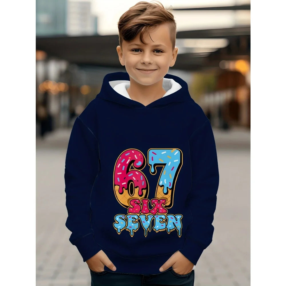 Children's Clothing Boys' Funny Number "67" Creative Print Hooded Sweatshirt Boys' Casual Sports Long Sleeve Hoodie Jacket Tops