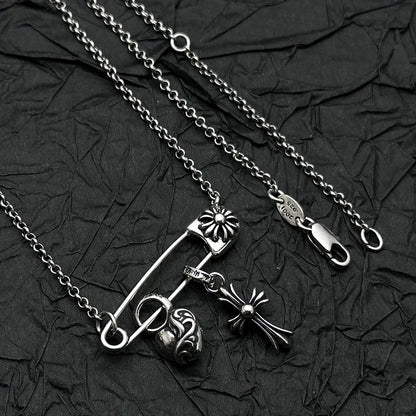 S925 Sterling Silver, Retro and Old Peach Heart Cross Pin Necklace, European and American Men's and Women's Personalities