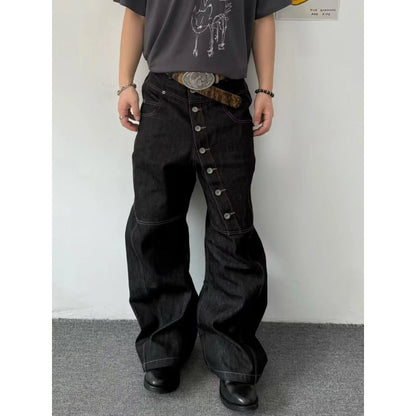 American Retro Long Row Button Design Jeans Men's High Street Loose Wide Leg Floor-Length Trousers Trendy Straight Leg Jeans