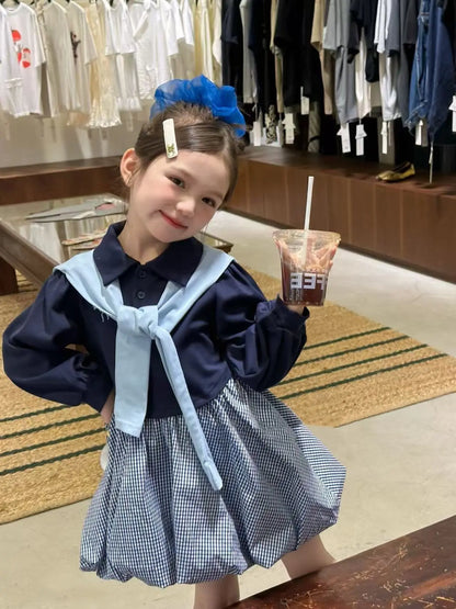 2025 Korea Girls Baby Summer Spring Autumn Dress Plaid Patchwork Casual Dresses Fashion Kids Children Clothes Vestidos