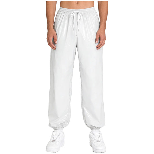 Mens Baggy Glossy Pants Y2K Drawstring Waist Trousers Elastic Waistband Side Pockets Track Baggy Glossy Pants Hip Hop Costumes