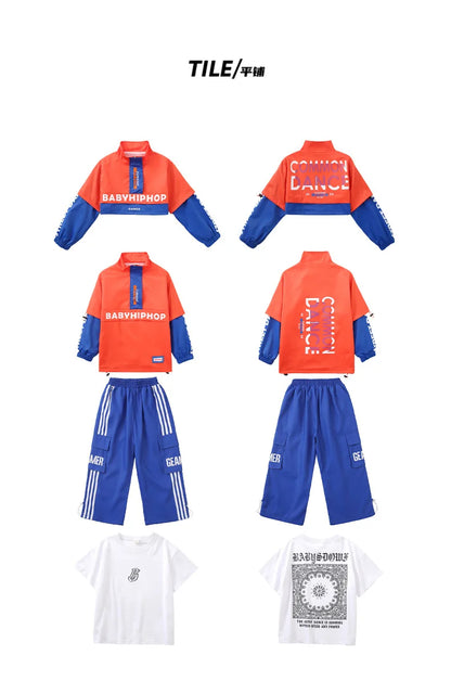 Boys Hip Hop Contrast Jacket Cargo Pants Girls Sweatshirt Pullovers Street Dance Clothes Sets Kids Tracksuit Children Streetwear