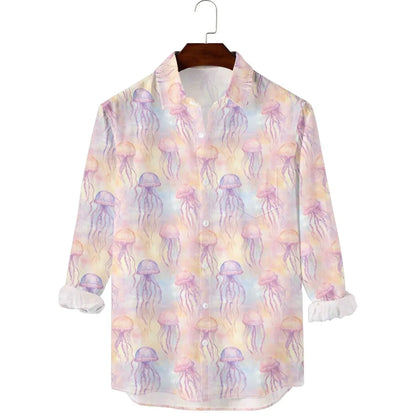 Hawaiian Men Shirts Fish Swarm Fishbone Print Full Sleeve Casual Button Up Beach Parties Travel Poolside Ocean Punk Fusion Shirt
