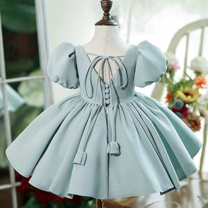 New Bubble Sleeves Solid Color Girl's Birthday Party Dress Children's Host Princess Dress Flower Children's Wedding Puffy Dress