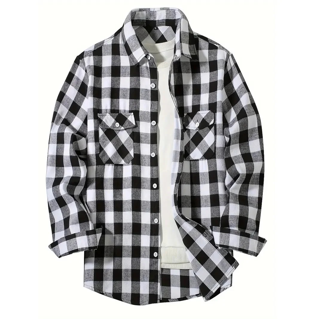 Camisas de hombre con un solo botón, clásicas a cuadros, informal elegante, camisa de franela de manga larga, dos bolsillos en el pecho, diseño de primavera otoño, tops para hombre