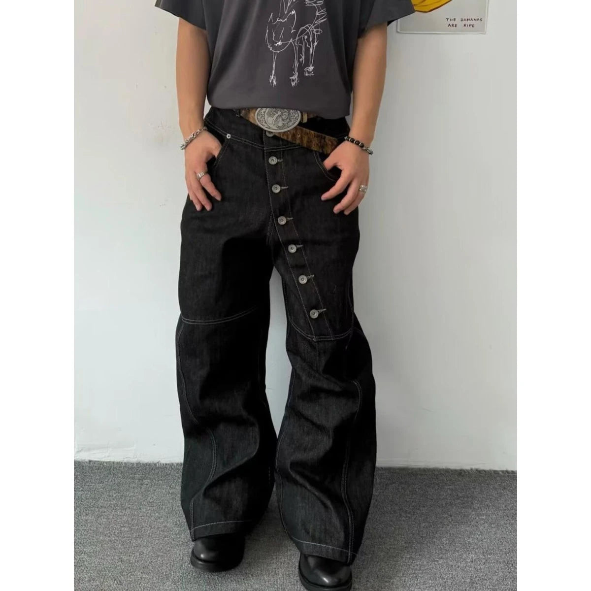 American Retro Long Row Button Design Jeans Men's High Street Loose Wide Leg Floor-Length Trousers Trendy Straight Leg Jeans