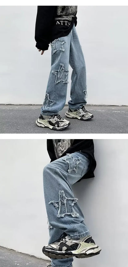 2025 New Fashion Stars Towel Embroidery Brown Men Jeans Pants Y2K Clothes Straight Hip Hop Cotton Trousers Pantalon Homme