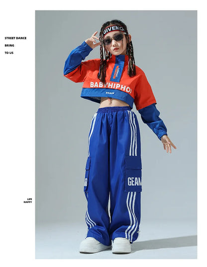 Boys Hip Hop Contrast Jacket Cargo Pants Girls Sweatshirt Pullovers Street Dance Clothes Sets Kids Tracksuit Children Streetwear