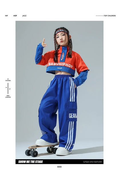 Boys Hip Hop Contrast Jacket Cargo Pants Girls Sweatshirt Pullovers Street Dance Clothes Sets Kids Tracksuit Children Streetwear