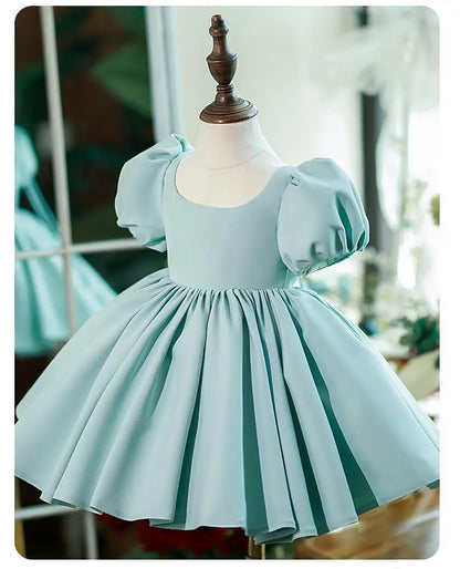 New Bubble Sleeves Solid Color Girl's Birthday Party Dress Children's Host Princess Dress Flower Children's Wedding Puffy Dress