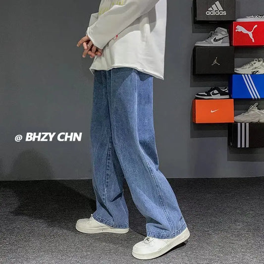 New Korean Fashion Men's Baggy Jeans High Street Man Straight Denim Wide-leg Pants Hip Hop Bagy Light Blue Grey Black