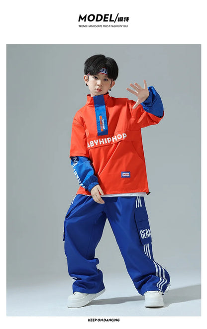 Boys Hip Hop Contrast Jacket Cargo Pants Girls Sweatshirt Pullovers Street Dance Clothes Sets Kids Tracksuit Children Streetwear