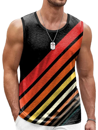 Mens Retro Stripe Graphic Tank Tops Fashion Summer Sleeveless Casual 3D Printed Vest Loose Quick Dry Breathable Tees Pullovers