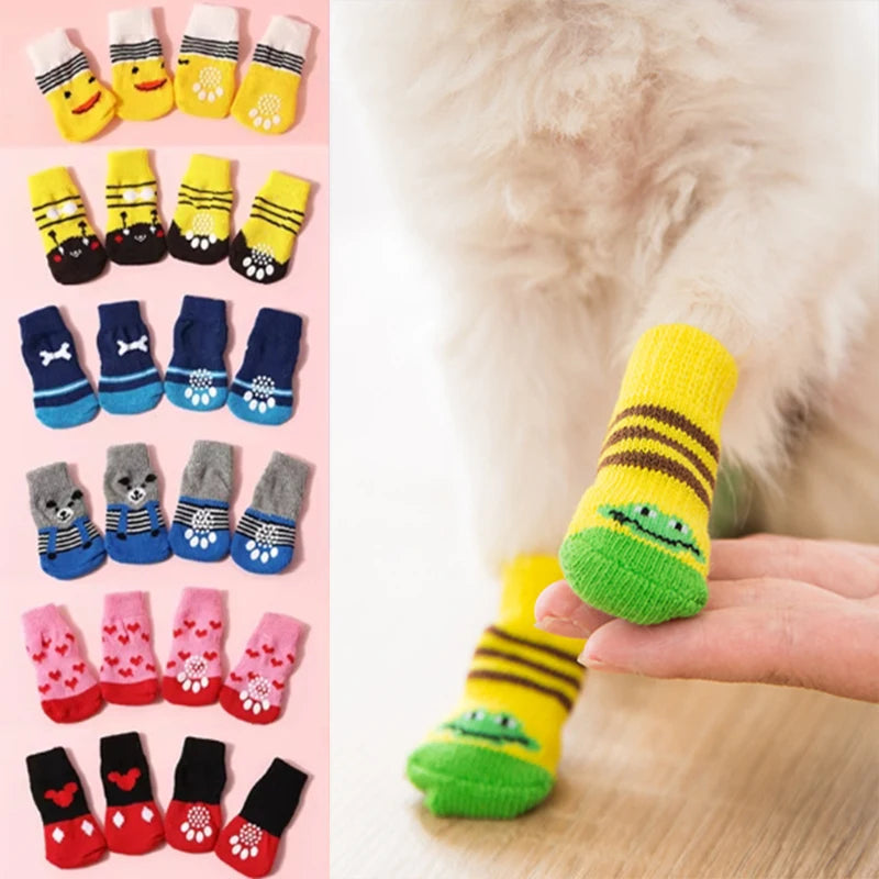4pcs/set Dog Socks Cute Pattern Foot Covers Warm Anti Slip Shoes Puppy Paw Protector Christmas Gift Pet Accessories