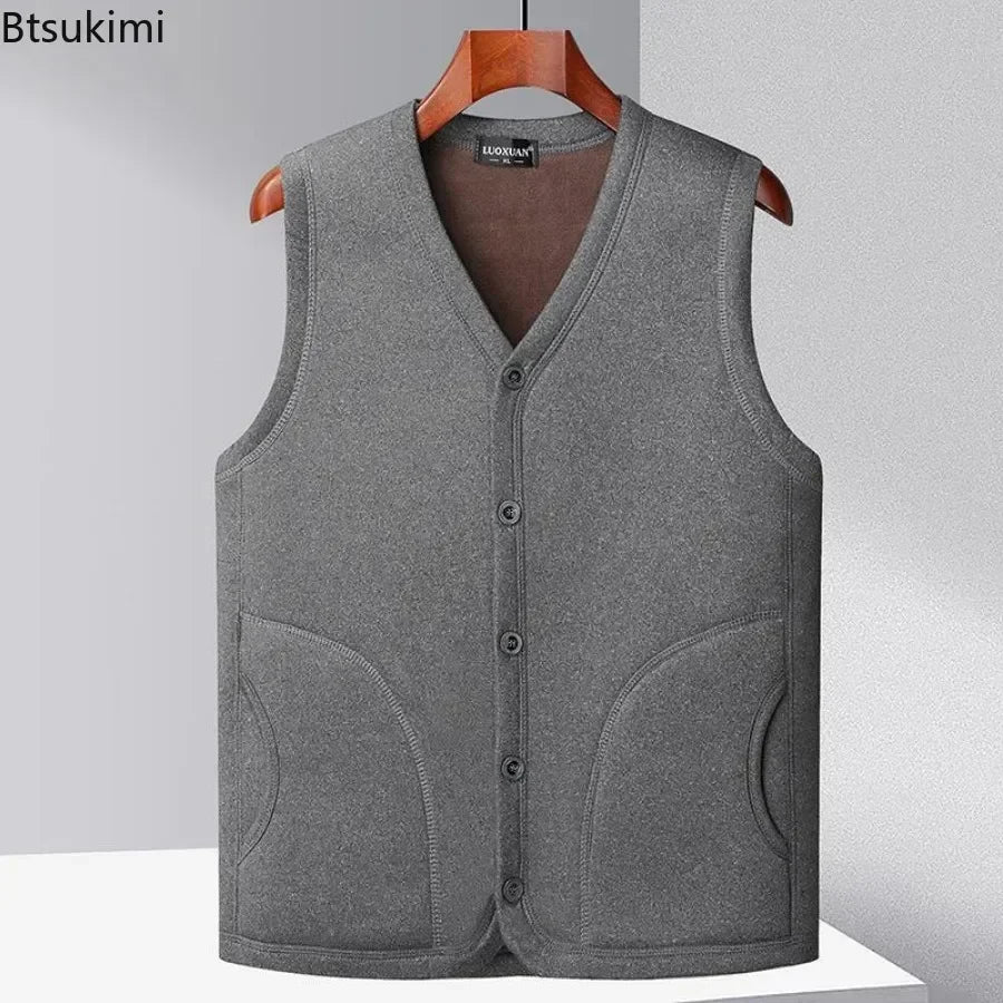 2026 Men's Autumn Winter Fashion V-neck Thickened Plus Velves Warm Vest Man Sleeveless Jackets Solid Slim Casual Waistcoat Male