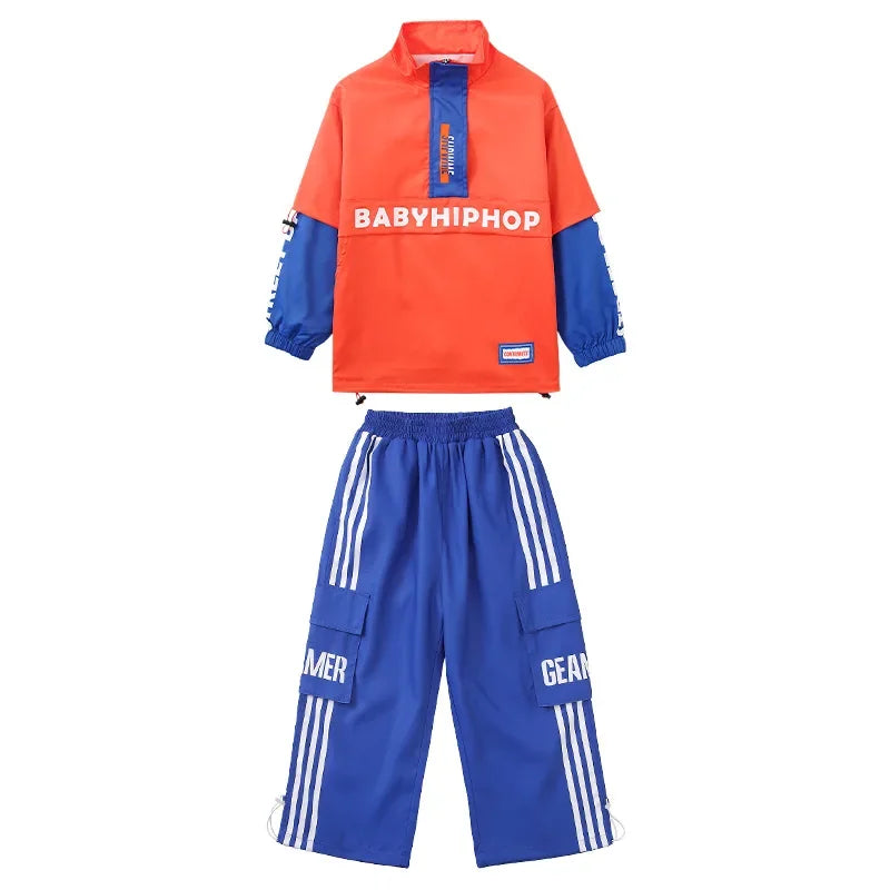 Boys Hip Hop Contrast Jacket Cargo Pants Girls Sweatshirt Pullovers Street Dance Clothes Sets Kids Tracksuit Children Streetwear