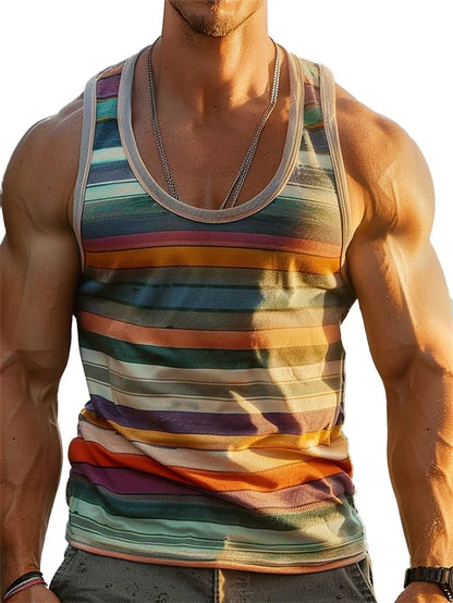 Mens Retro Stripe Graphic Tank Tops Fashion Summer Sleeveless Casual 3D Printed Vest Loose Quick Dry Breathable Tees Pullovers