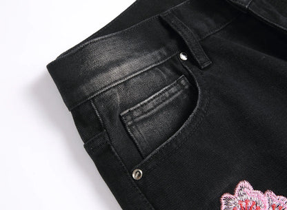 Men's high-street ripped jeans with floral embroidery patchwork, trendy street-style distressed flared jeans