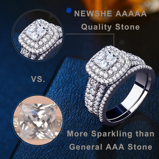 Newshe Luxury 925 Sterling Silver Halo Wedding Ring Set for Women Elegant Jewelry Princess Simulated Diamond Rings