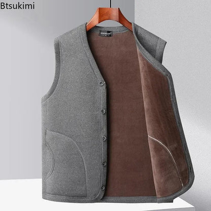 2026 Men's Autumn Winter Fashion V-neck Thickened Plus Velves Warm Vest Man Sleeveless Jackets Solid Slim Casual Waistcoat Male