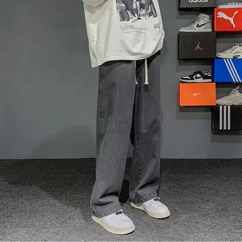 Nuevos pantalones vaqueros coreanos holgados para hombre, de calle, rectos, de mezclilla, de pierna ancha, Hip Hop, holgados, azul claro, gris, negro