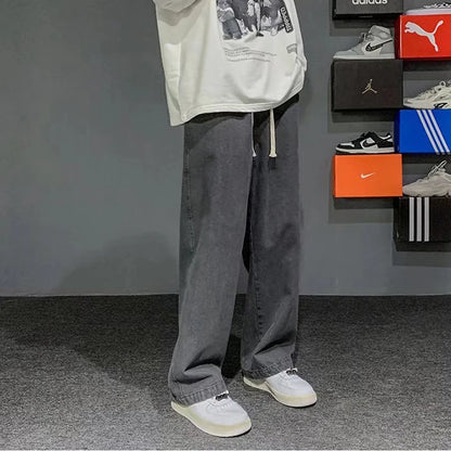 Nuevos pantalones vaqueros coreanos holgados para hombre, de calle, rectos, de mezclilla, de pierna ancha, Hip Hop, holgados, azul claro, gris, negro