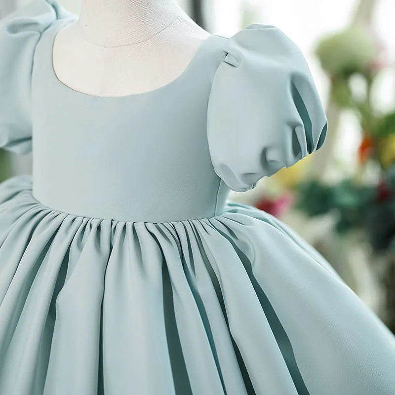 New Bubble Sleeves Solid Color Girl's Birthday Party Dress Children's Host Princess Dress Flower Children's Wedding Puffy Dress