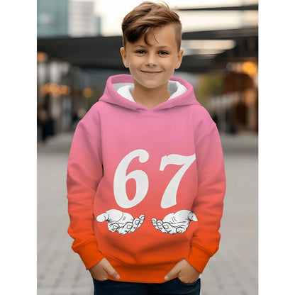 Children's Clothing Boys' Funny Number "67" Creative Print Hooded Sweatshirt Boys' Casual Sports Long Sleeve Hoodie Jacket Tops