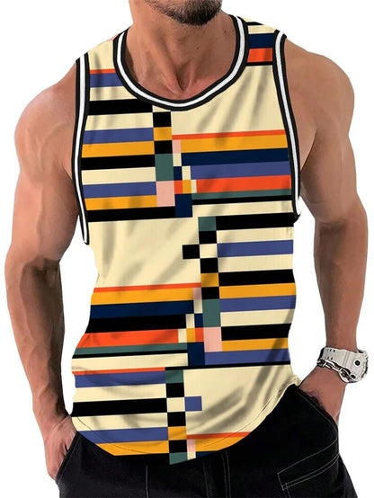 Mens Retro Stripe Graphic Tank Tops Fashion Summer Sleeveless Casual 3D Printed Vest Loose Quick Dry Breathable Tees Pullovers
