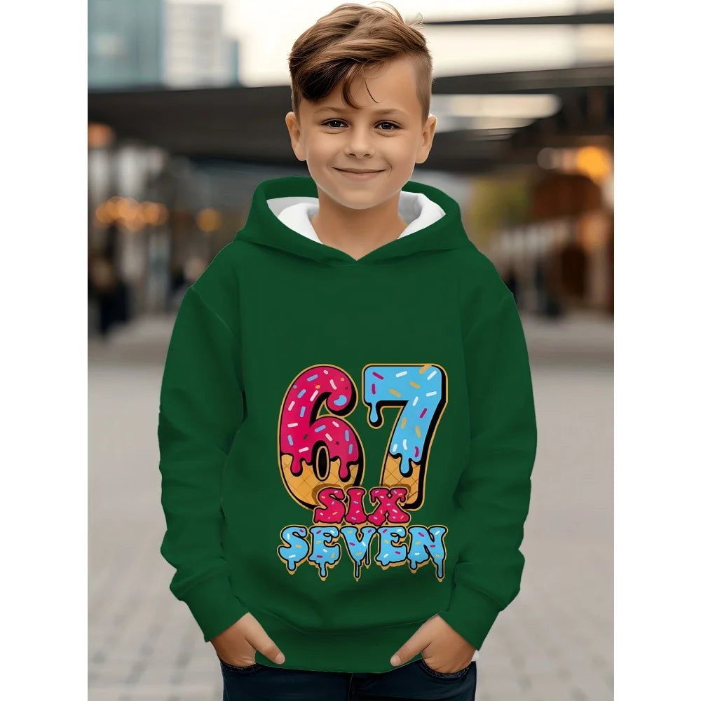 Children's Clothing Boys' Funny Number "67" Creative Print Hooded Sweatshirt Boys' Casual Sports Long Sleeve Hoodie Jacket Tops