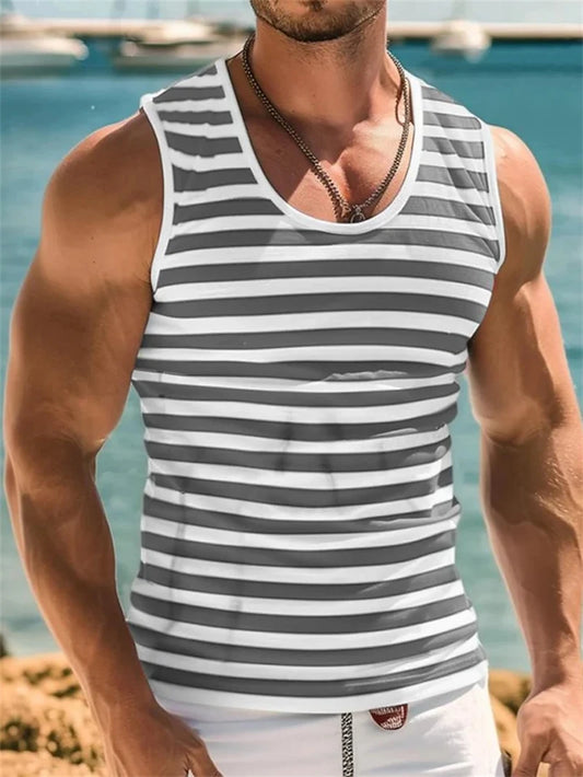 Mens Retro Stripe Graphic Tank Tops Fashion Summer Sleeveless Casual 3D Printed Vest Loose Quick Dry Breathable Tees Pullovers