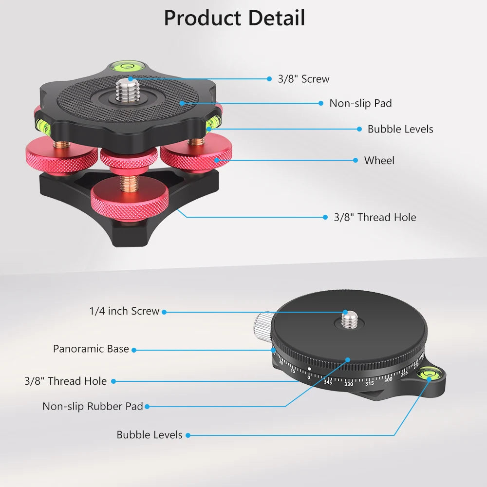 Base niveladora para trípode VICELK con base panorámica de 360° para fotografía macro panorámica con ajuste de precisión de +/-5 grados